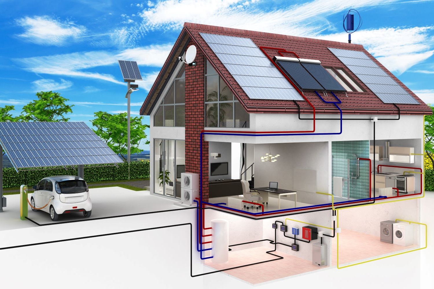 Haus mit Photovoltaik, Wärmepumpe und E-Auto