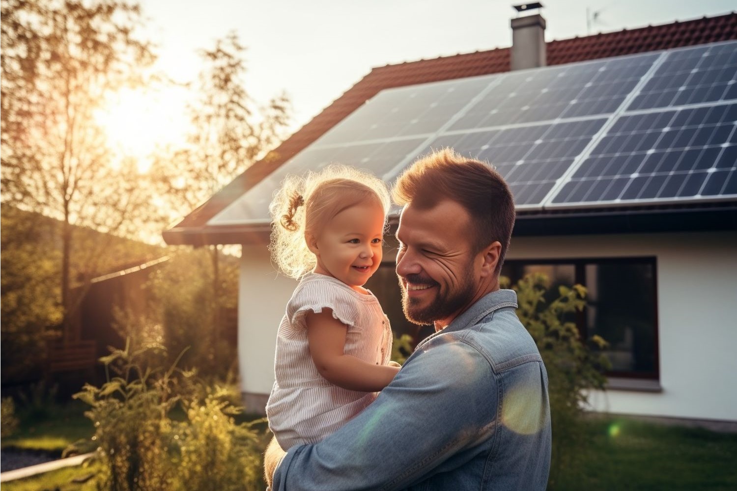 Vater und Tochter mit PV auf dem Dach des eigenen Hauses